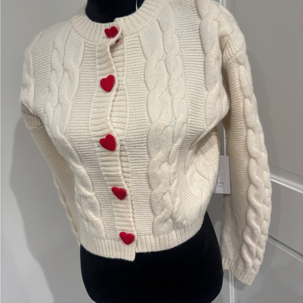 Elegant Cream Cardigan with Red Heart Details